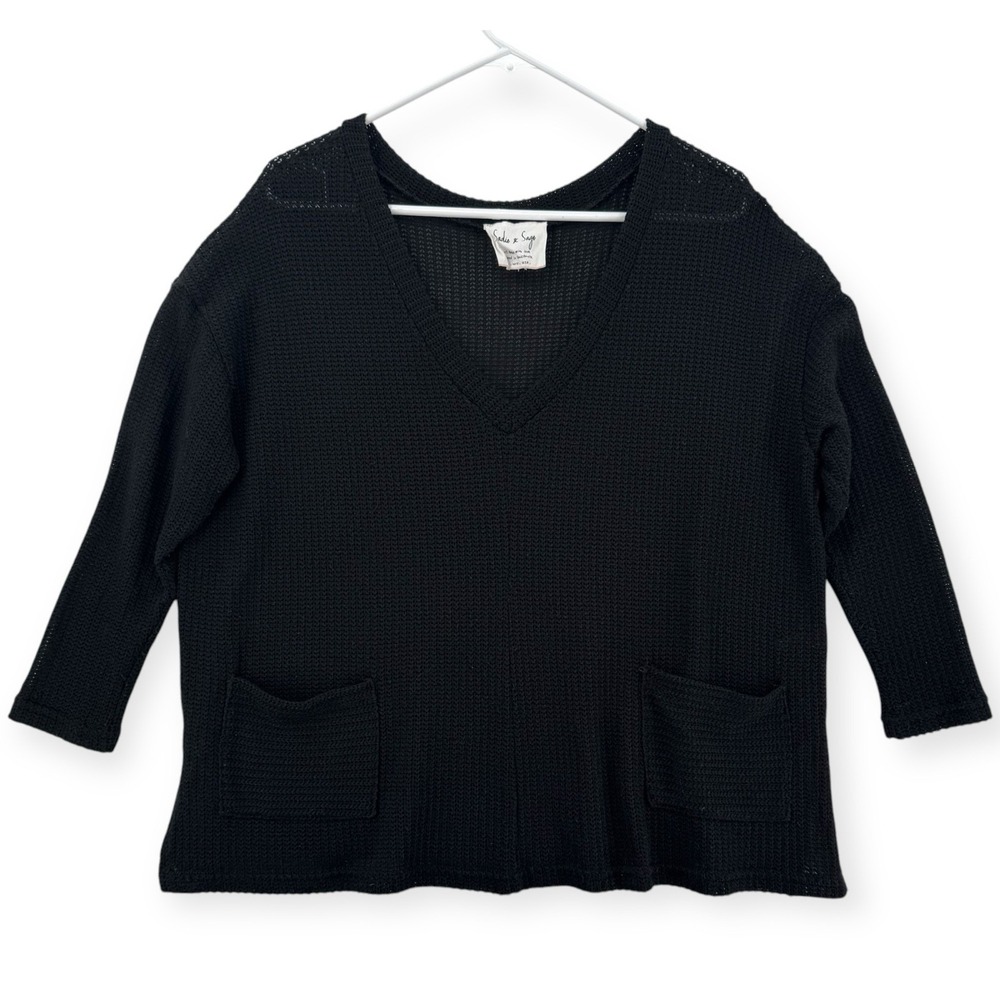 Sadie & Sage Sweater Womens Medium Black V Neck 3/4 Sleeve Knit Pullover Pockets